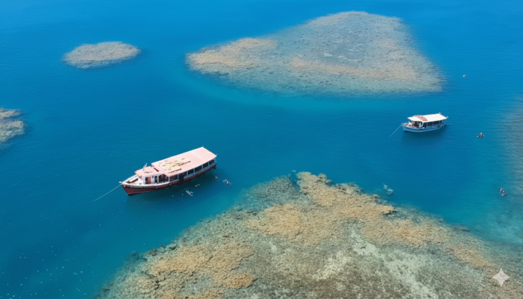 Vista aérea do Parque Marinho Recife de Fora em Porto Seguro, com escunas ancoradas sobre os arrecifes e visitantes mergulhando nas piscinas naturais de águas cristalinas.