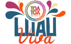 Logo oficial do Luau Tôa Tôa com as palavras "Luau" em azul e "Viva" em vermelho alaranjado, sobre um fundo branco com respingos de tinta coloridos e um círculo central com a marca Tôa Tôa Porto Seguro - BA.