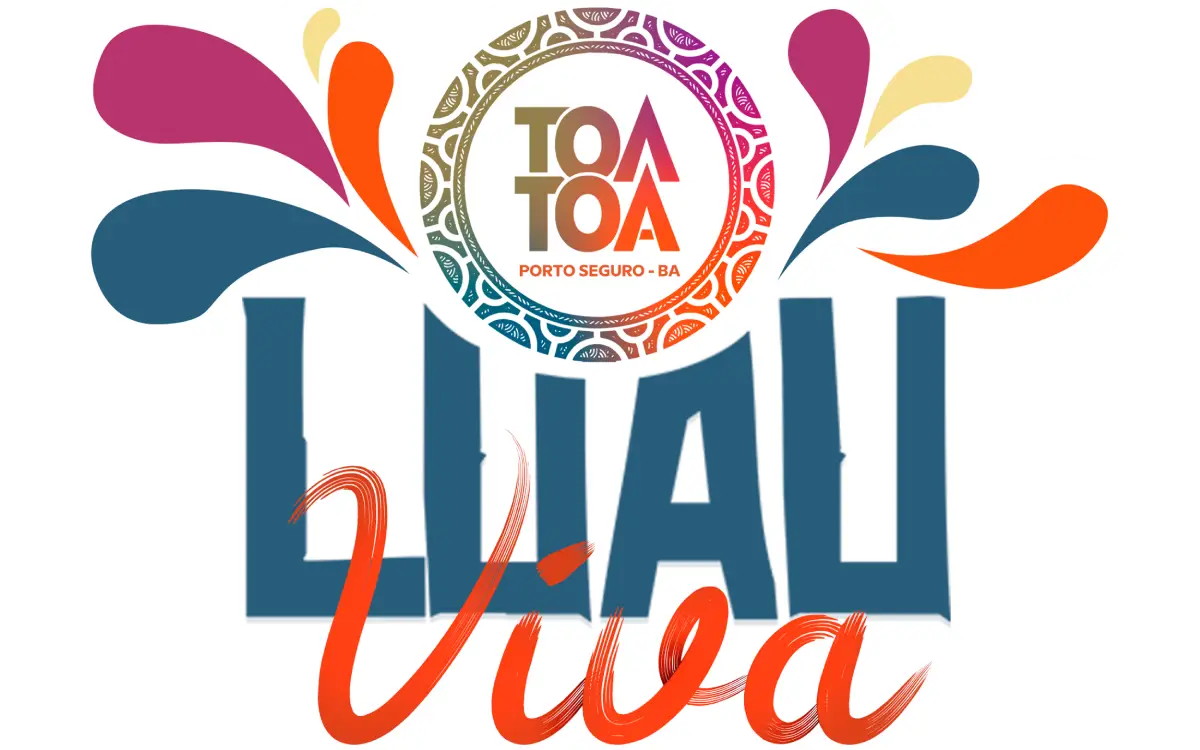 A identidade visual do Luau Tôa Tôa, representando a energia e as cores vibrantes do evento em Porto Seguro.