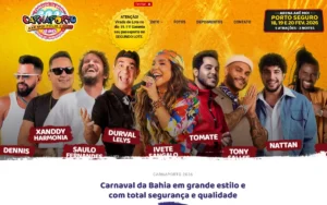 Cartaz oficial do Carnaporto Axé Moi 2026 em Porto Seguro, destacando artistas como Ivete Sangalo, Xanddy Harmonia, Dennis, Saulo Fernandes, Durval Lelys, Tomate, Tony Salles e Nattan.