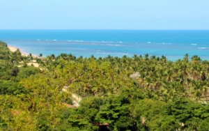 Passeio Trancoso Arraial d'Ajuda saindo de Porto Seguro: vista aérea do Quadrado de Trancoso com igreja e coqueiros ao entardecer.
