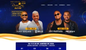 Réveillon Axé Moi 2026 em Porto Seguro com Léo Santana, Belo, Tony Salles e Milsinho Toque Dez. Banner promocional oficial do evento.