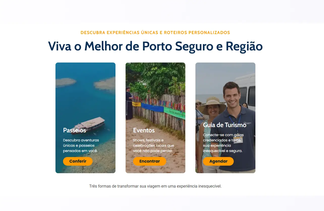 Para otimizar a nova categoria de Guia de Turismo no seu portal, focando na conversão de visitantes e no ranqueamento para buscas por serviços de turismo em Porto Seguro e região, utilize os seguintes dados: Texto Alternativo (Alt Text) Interface do portal de turismo com opções para Passeios, Eventos e Guia de Turismo em Porto Seguro, destacando roteiros personalizados.