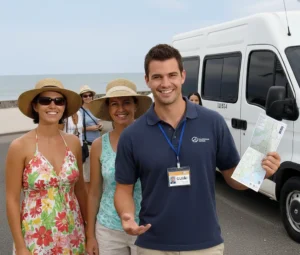 Guia de turismo sorridente segurando um mapa e acompanhando um grupo de turistas em frente a uma van de transporte executivo na orla de Porto Seguro.