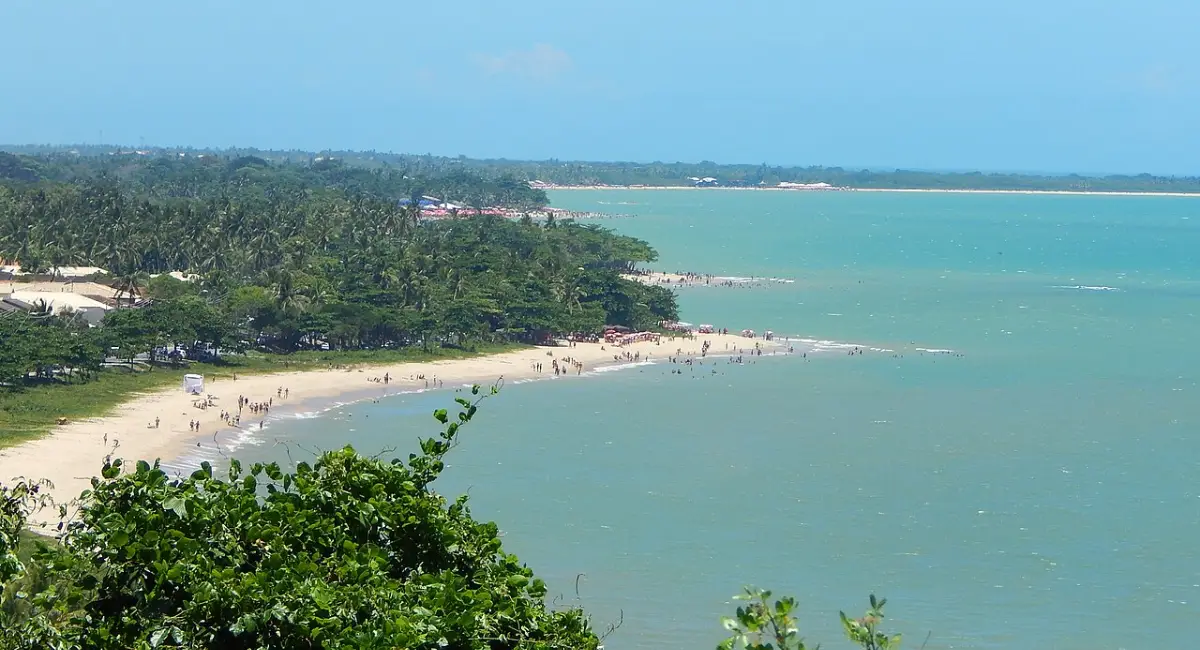 Vista panorâmica de uma praia em Porto Seguro com faixa de areia clara, mar esverdeado, muitos coqueiros e banhistas aproveitando o dia de sol.