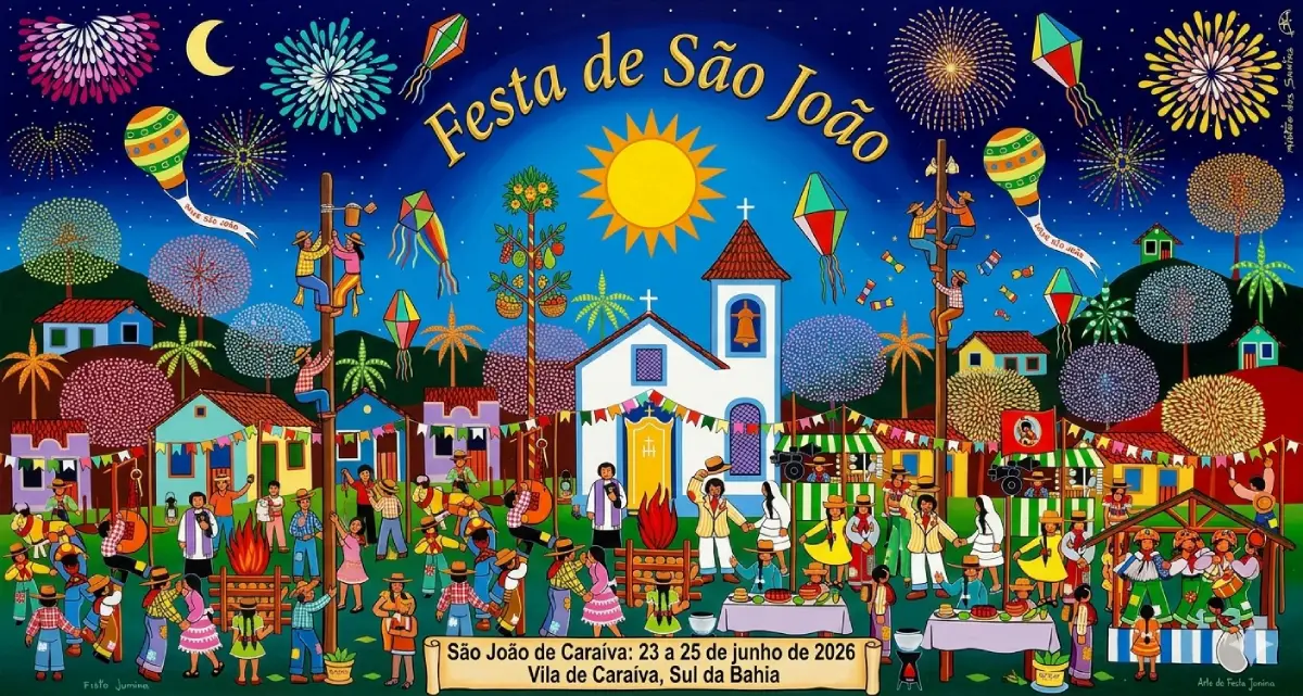Pintura colorida estilo arte naif da Festa de São João de Caraíva, na Bahia, com casinhas coloridas, fogueiras, queima de fogos, balões de São João e pessoas dançando.