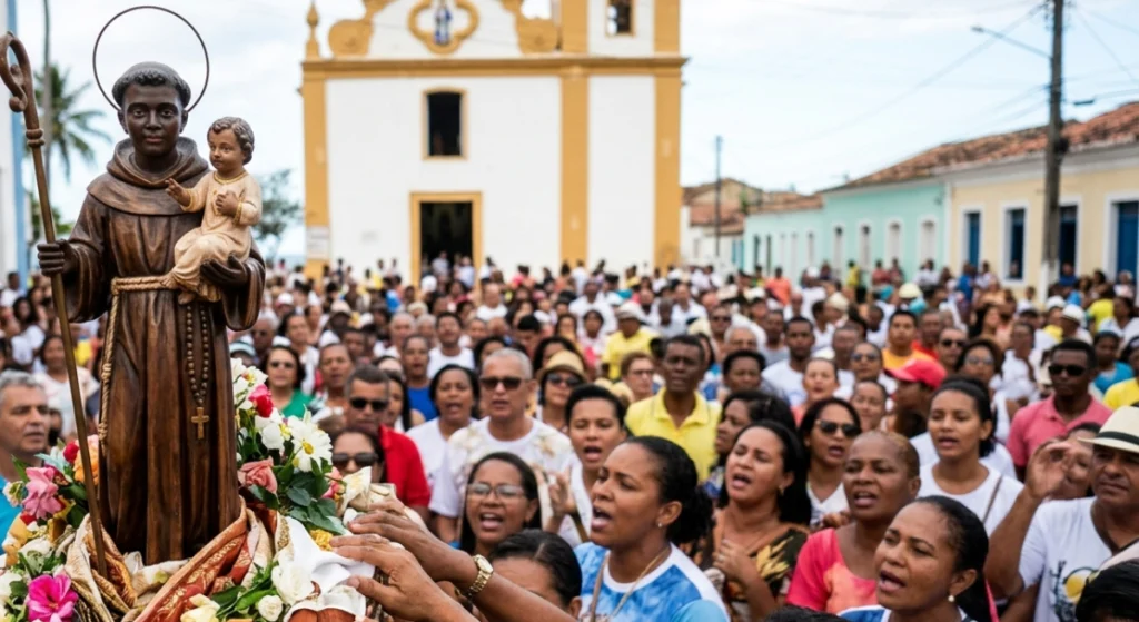 Estátua de São Benedito segurando o Menino Jesus em destaque no primeiro plano, com uma multidão de fiéis cantando e a histórica Igreja Matriz de Nossa Senhora d'Ajuda ao fundo, durante celebração religiosa em Arraial d'Ajuda, Bahia.
