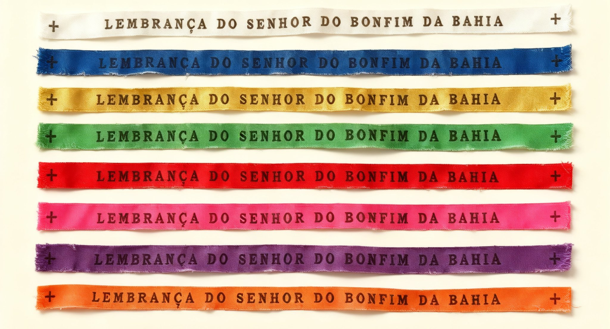 Oito fitinhas do Senhor do Bonfim da Bahia coloridas (branco, azul, amarelo, verde, vermelho, rosa, roxo e laranja) estendidas horizontalmente sobre um fundo claro.