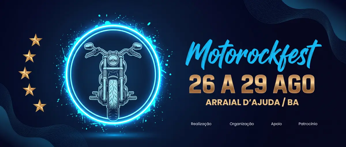Cartaz oficial do Moto Rock Fest 2026 em Arraial d'Ajuda com ilustração de motocicleta em néon azul.